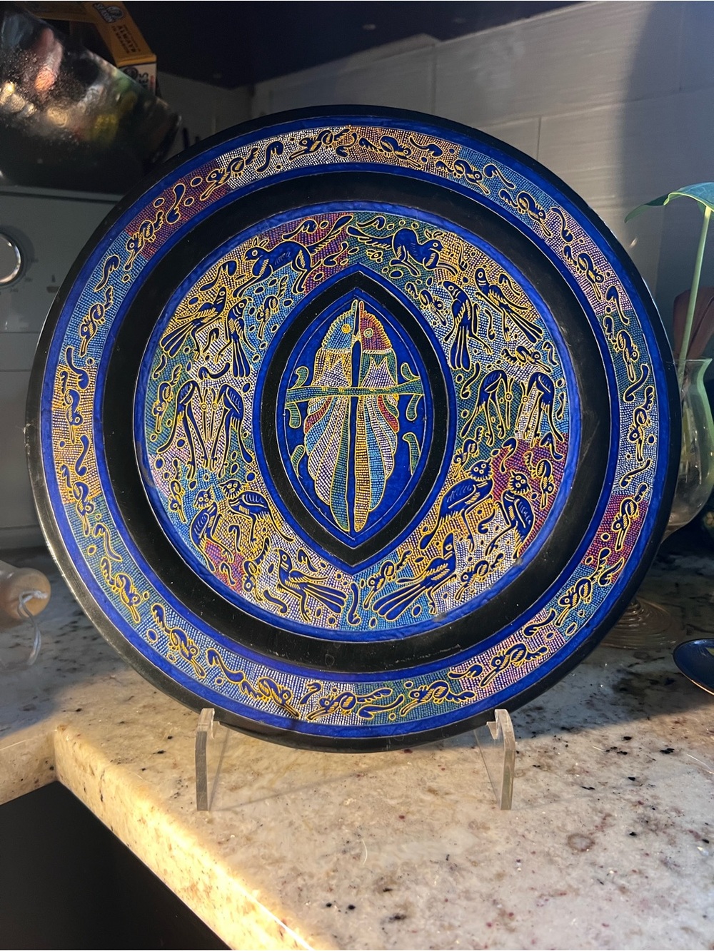 Handcrafted Blue Decor Art Plate - Olinala Mexico artisan plate